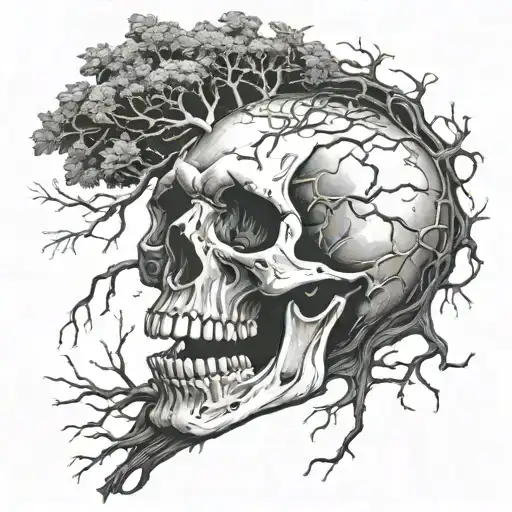 Skull With A Tree Roots Coming Out Of Mouth Of A Skull