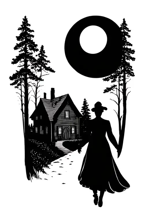 Couple Walking In A Forest With A House At The End And The Background Moon