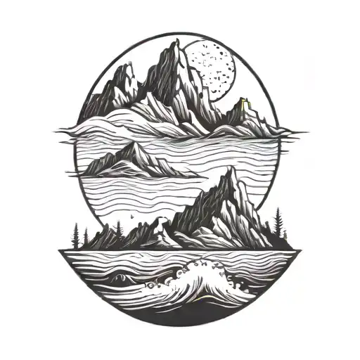 Create A Surreal Landscape Of Rugged Mountains Juxtaposed With Ocean Waves As A