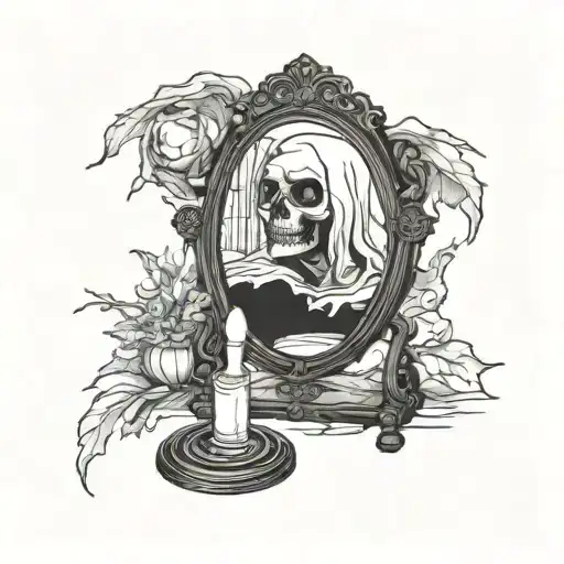 A Blackwork Tattoo Of A Spooky Makeup Mirror Reflecting A Scene From A Horror Movie