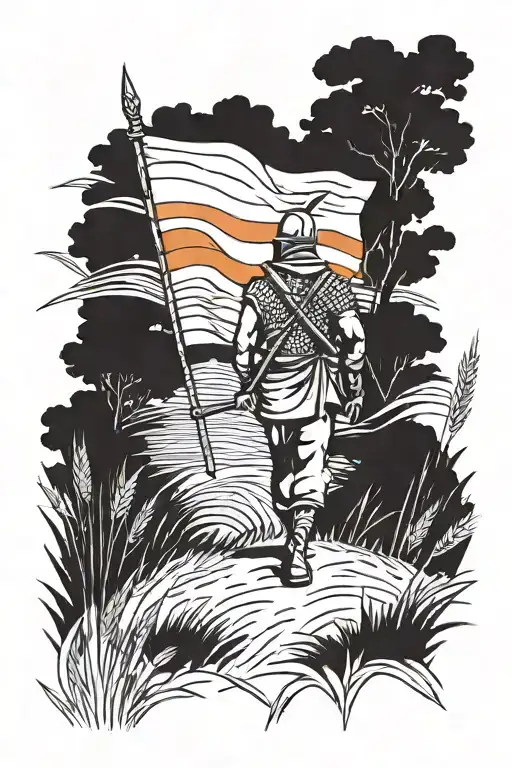 A Warrior Walking In Wheat Field Carrying Orange Triangle Flag