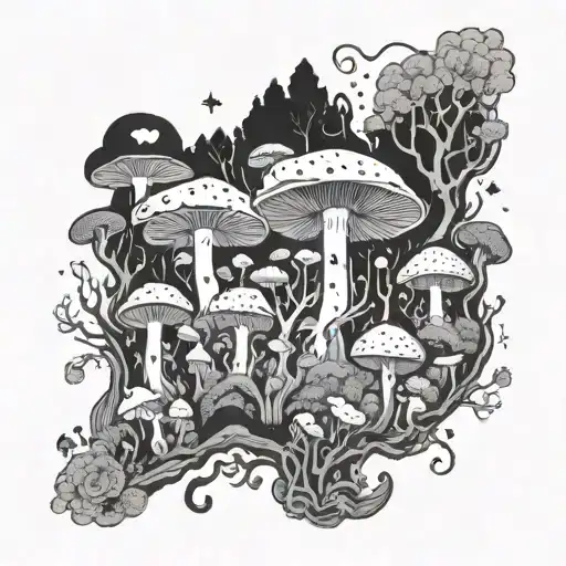 A Celestial Mushroom Forest With Tarot Cards Scattered Throughout