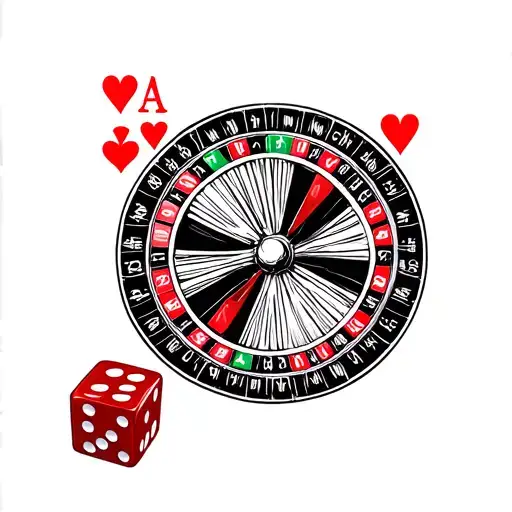Queen Of Hearts Card With Pair Of Dice Rolling And With Half Of Roulette Wheel
