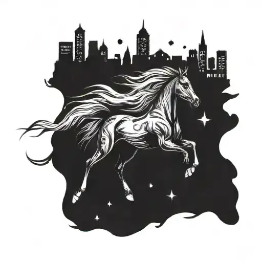A Majestic Black Horse Galloping Under The City Lights At Night