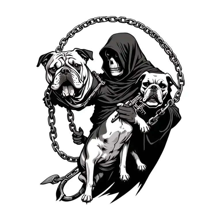 Grim Reaper Holding Bulldog On Chain And Syth In His Other Hand