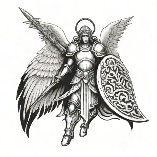 Angel With Big Wings And Nice Armor Holding A Shield And Sword