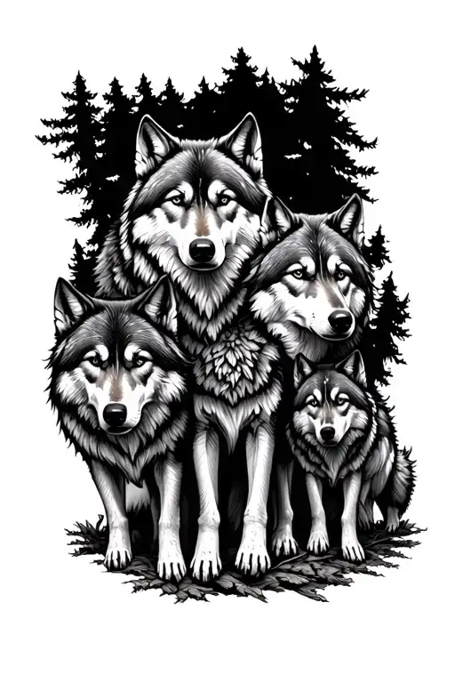 Pack Of Wolves In A Forest Scene With A Hidden