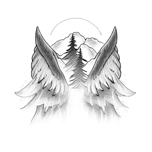 Angel Wings With Mountains And Trees