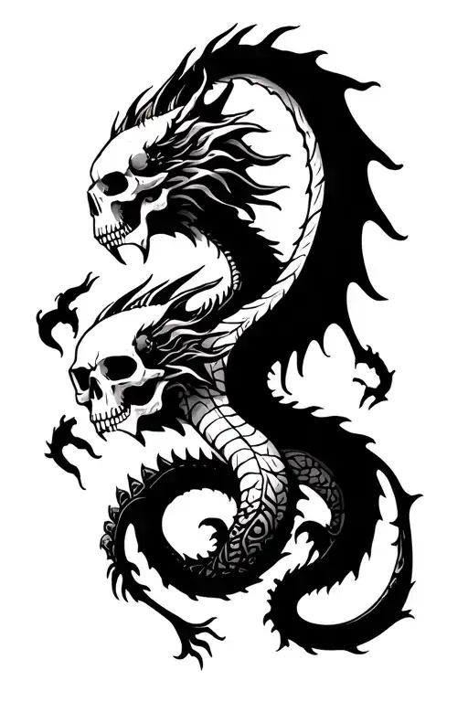 Tribal Dragon And Skulls Facing Each Other