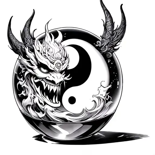 Oni Mask With Ying And Yang Inside A Crystal Ball In The Oni Mask