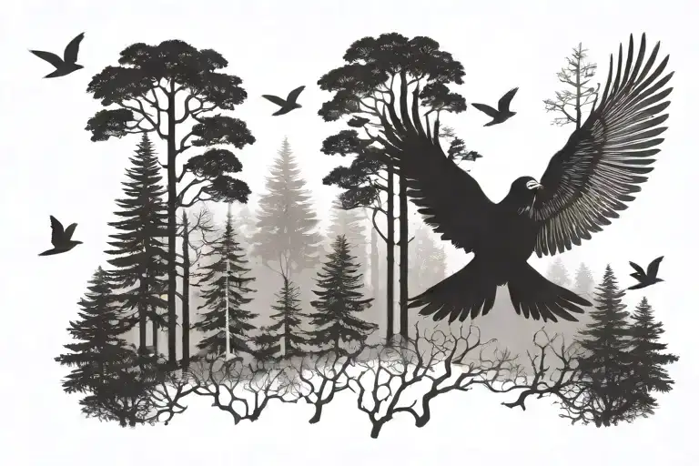Forest With Birds Flying Together