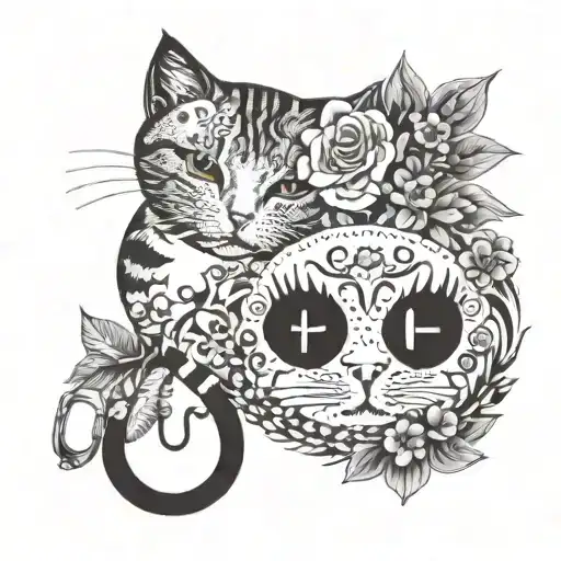 Cat Tattoo With Floral Designs And A Stethoscope And The Phrase Hugs & Purrs