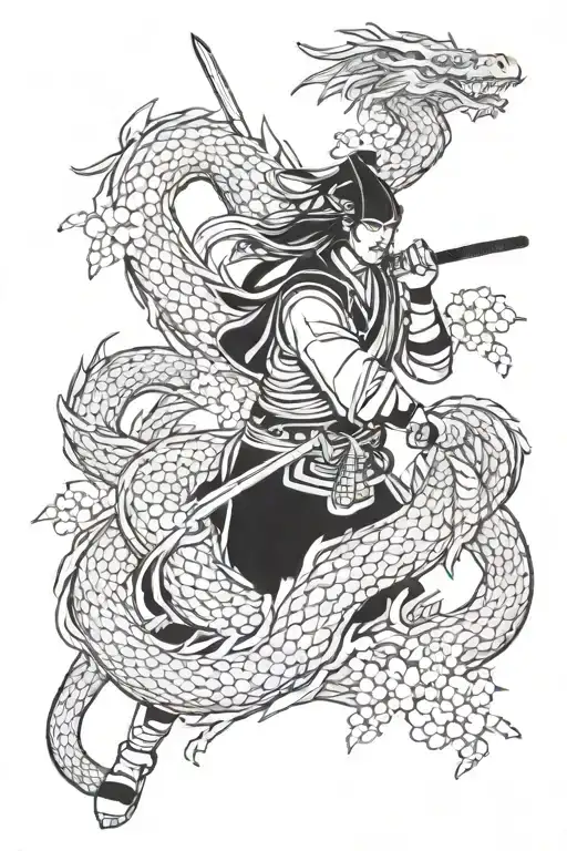Samurai With Dragon And Sakura