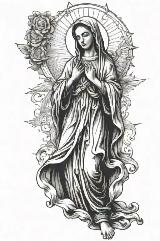 Virgin Mary Full Body Standing In Perspective Praying With Open Eyes Looking At The Sky