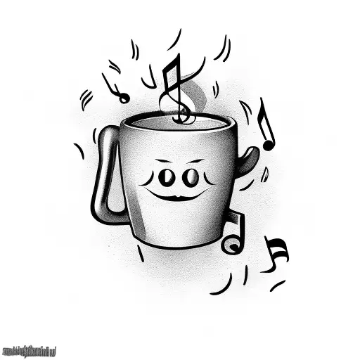 A Coffee Cup With A Comedy Mask Pouring Out Musical Notes