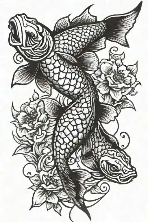 Black Color Sketch Style Koi Fish Tattoo Featuring