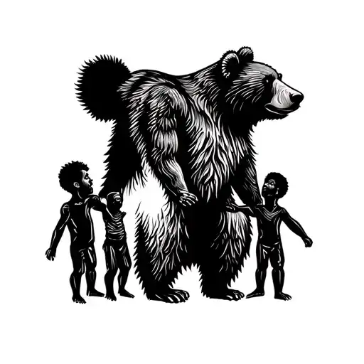 Bear With Father And Two Sons Holding Hands Under The Bear