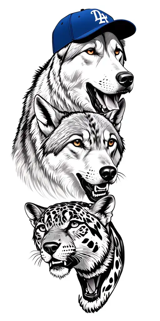 Bulddog With The Dodgers Cap Below Two Wolves Brothers Below A Jaguar In The Jungle Down Antonella