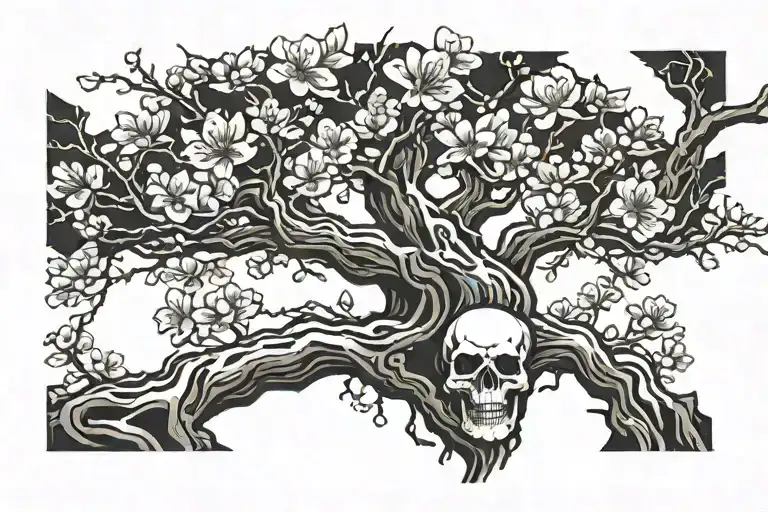 Cherry Blossom Tree With Skulls Hidden In Trunk
