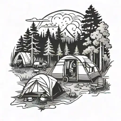 A Tattoo Design Of A Camping Scene With A Blackwork Style