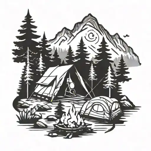 A Tattoo Design Of A Camping Scene With A Blackwork Style