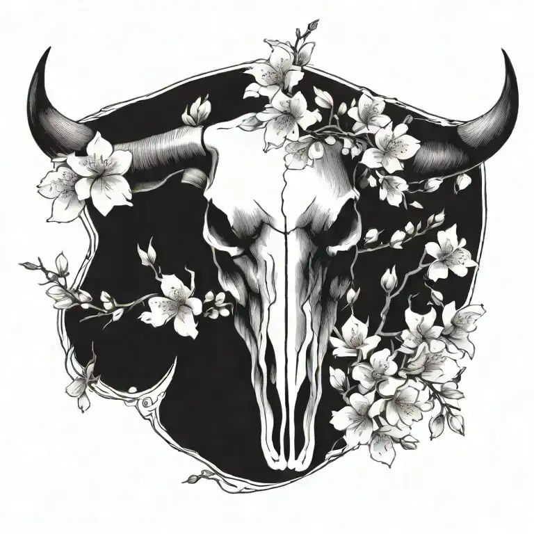 Realistic Bull Skull With Cherry Blossoms