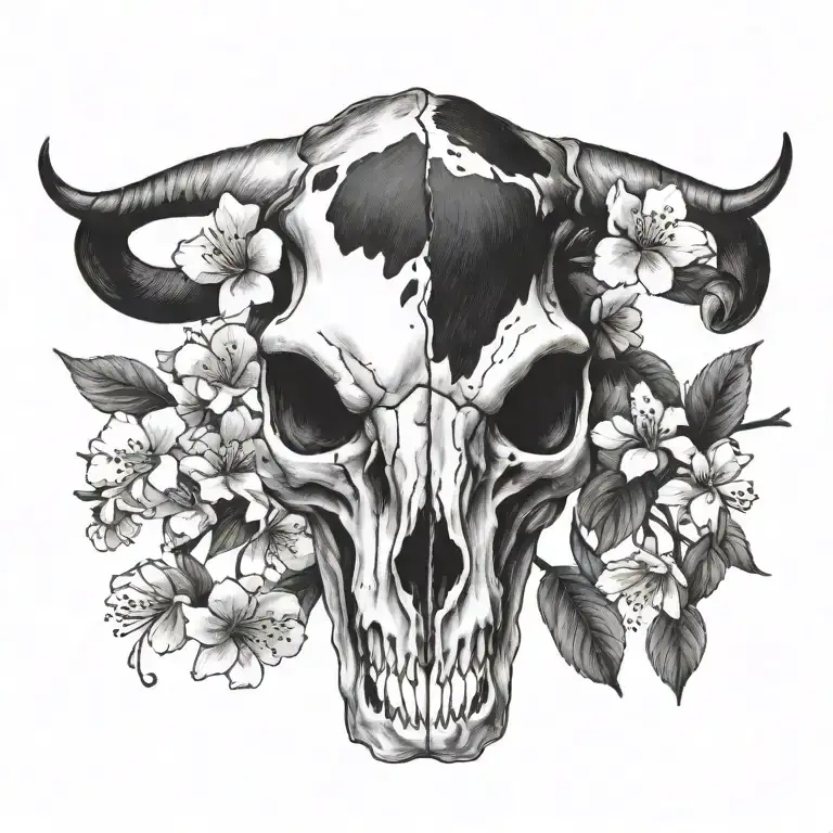 Realistic Longhorn Skull With Cherry Blossoms No Background