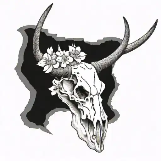 Realistic Longhorn Skull With Cherry Blossoms No Background