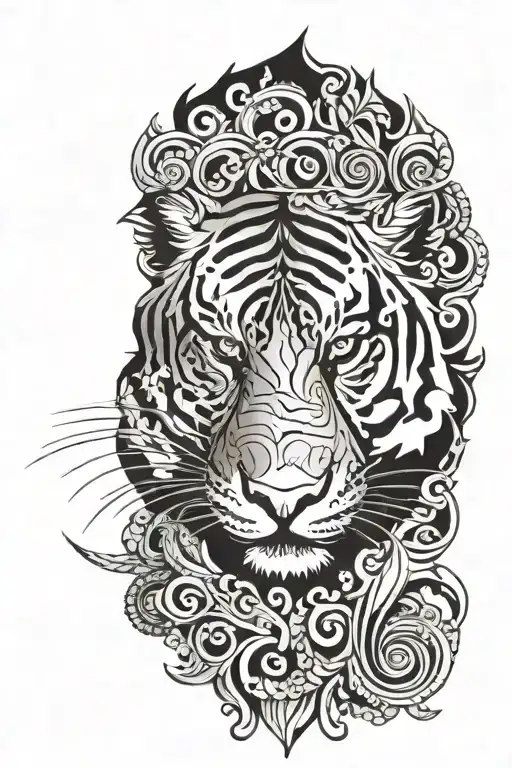 Tiger Face Surrounded By Scrollwork