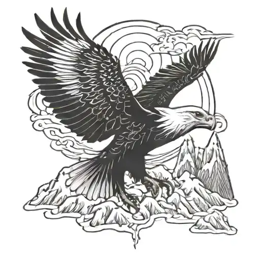 A Majestic Eagle Soaring Over A Mountain Range With A Dragon Intertwined In The Background