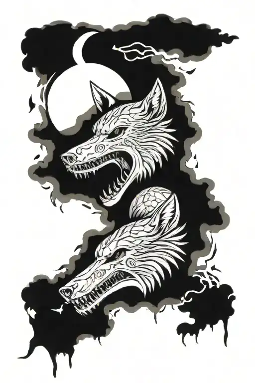 Skull And Wolf With Moon Made