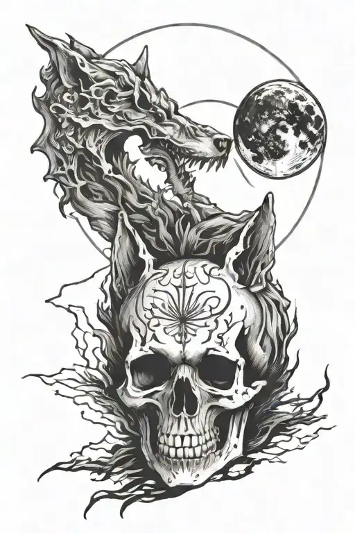 Skull And Wolf With Moon