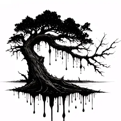 Dead Tree With Flowing Droplets Of Blood