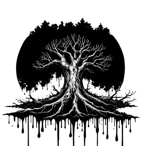 Dead Tree With Flowing Droplets Of Blood