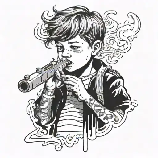 Little Boy Holding A Cigarette In His Mouth And A Gun In His Hand And A Tattoo On His Face