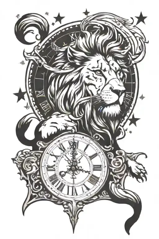 Lion On Top Of A Clock Surrounded By Stars