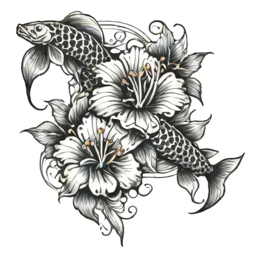 Spine Tattoo With Hibiscus Flowers And Koi Fish Swimming