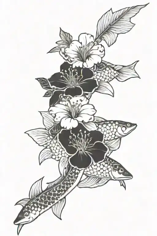 Spine Tattoo With Hibiscus Flowers And Koi Fish Swimming