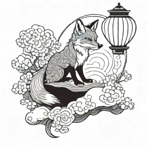 Mythical Red Fox On The Background Of Clouds In The Style Of Japan And Lanterns With A Solar Print