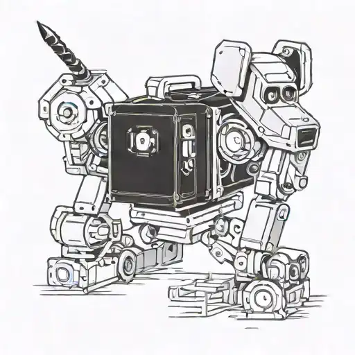 Design A Blackwork Tattoo Of A Shy Robot Dog Interacting With Construction Tools