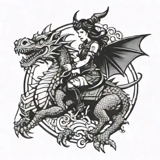 A Fantasy-inspired Tattoo Of A Girl Riding A Dragon With Bdsm Accessories