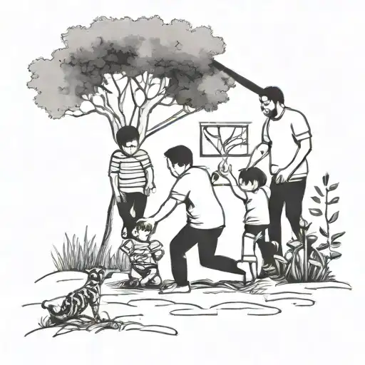 A Minimalist Blackwork Tattoo Of A Father And His Children Playing In The Backyard Of Their Home