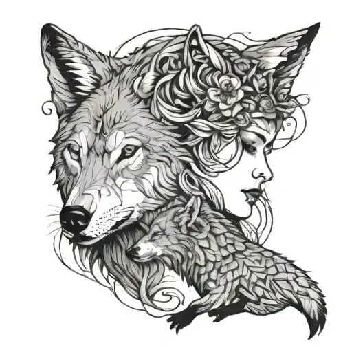 Wolf And Woman Together Symbolizing
