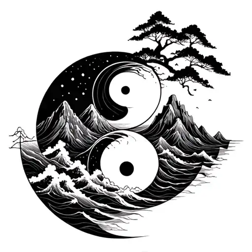 Yin And Yang With Mountains And Ocean