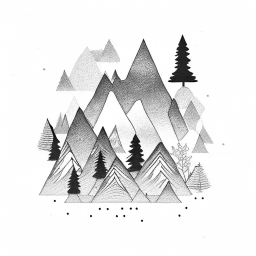 Black Tattoo On A White Background Forest Mountains And Sky With Stars
