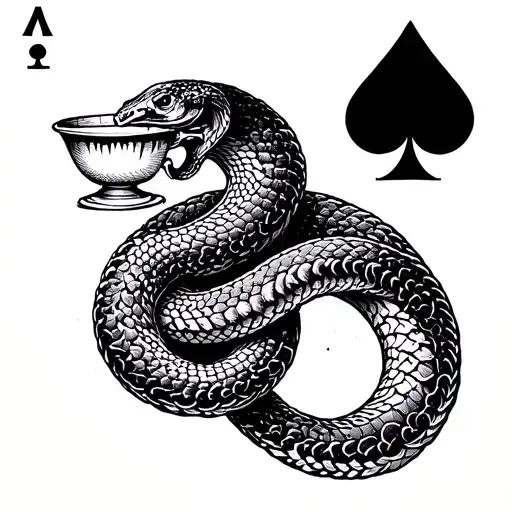 Cross Hatch Engraving Ouroboros Snake And Ace Of Cups Tarot Woodcut