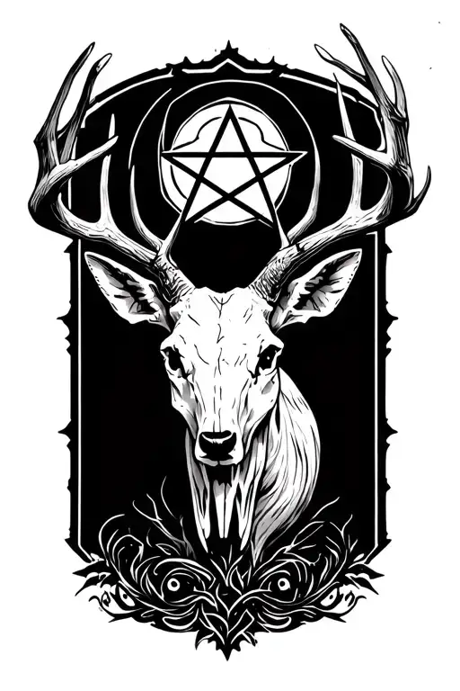 Centerd Deer Skull With Pentagram Along Antlers Intertwined