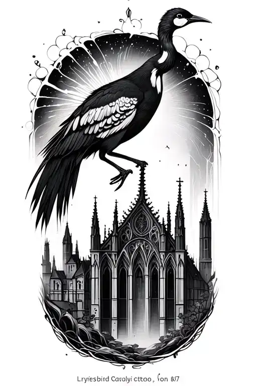 Lyrebird And A Liquid Inverted Gothic Cathedral Skyline