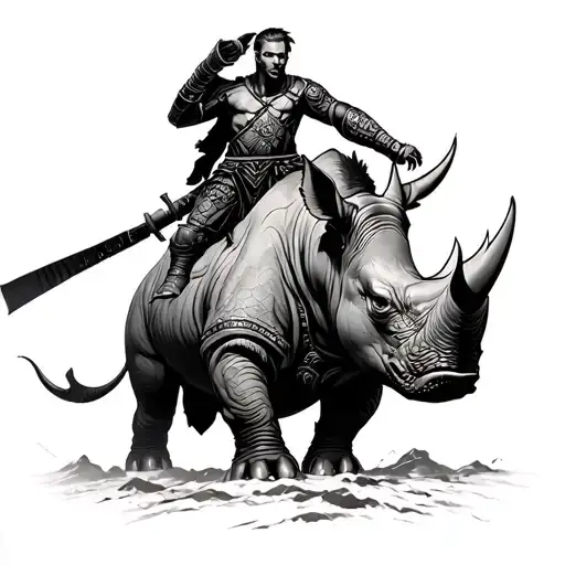 Warrior Battling On Top Of A Rhino