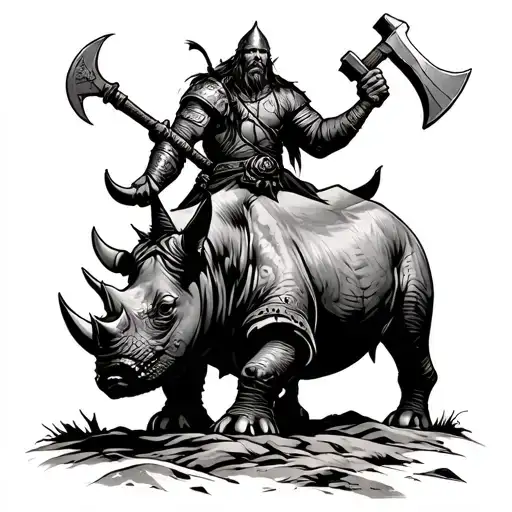 Viking Warrior With Axe Battling On Top Of A Rhino